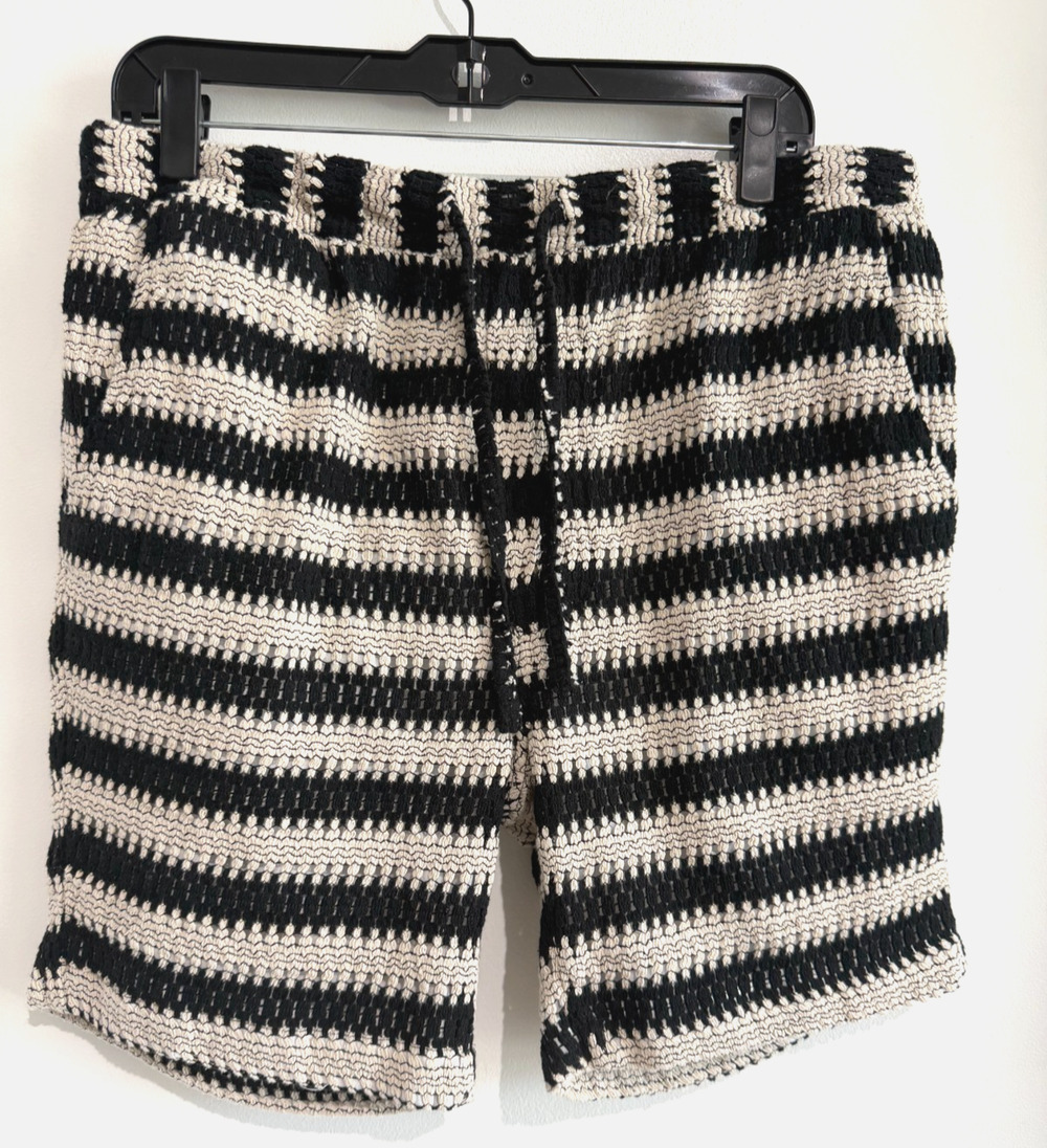 Massive Luxury NYC Woven Crochet Striped Shorts in Black/ivory Unisex Size L